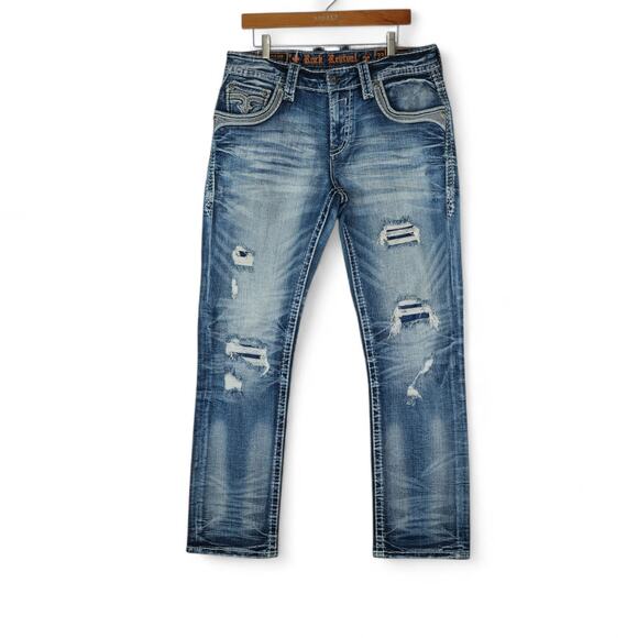 Rock Revival Jeans Mens 33 35x32.5 Blue Baxter Straight Distressed Streetwear - Picture 1 of 13